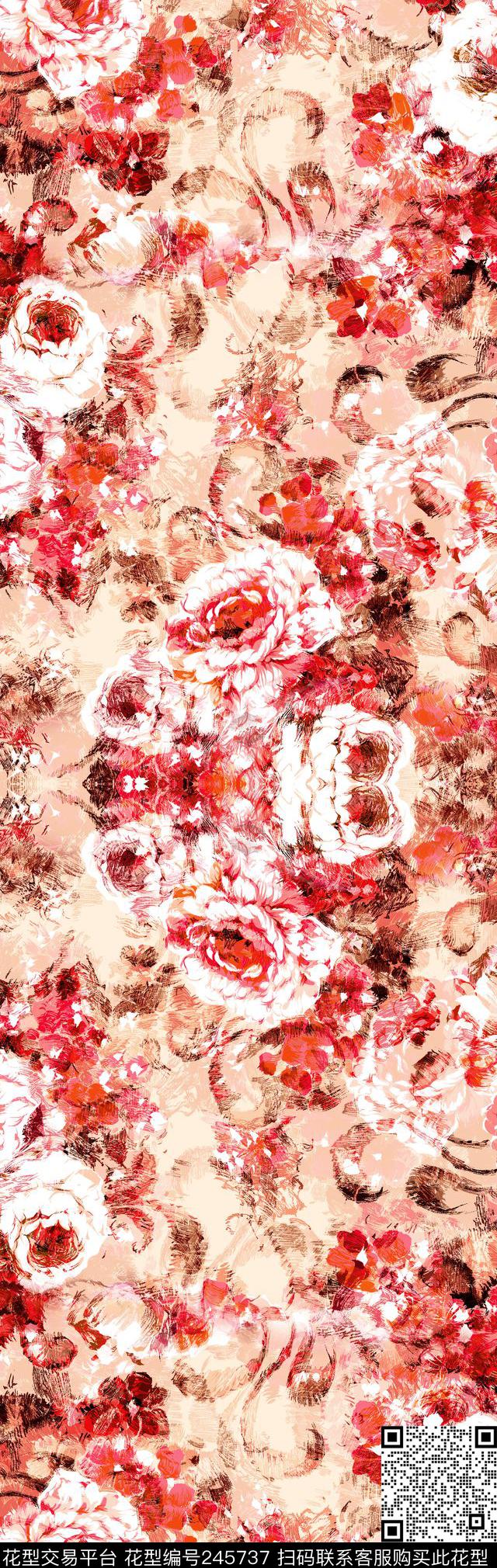 水彩大花卉印花长巾花朵红色花卉休闲数码印花华亿平台下载（图片编号: 245737） - 瓦栏（Walan）