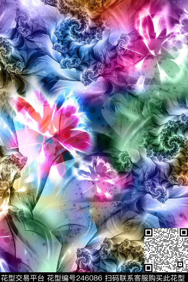 梦幻花卉花朵鲜花蓝色玫红抽象数码印花华亿平台下载（图片编号: 246086） - 瓦栏（Walan）
