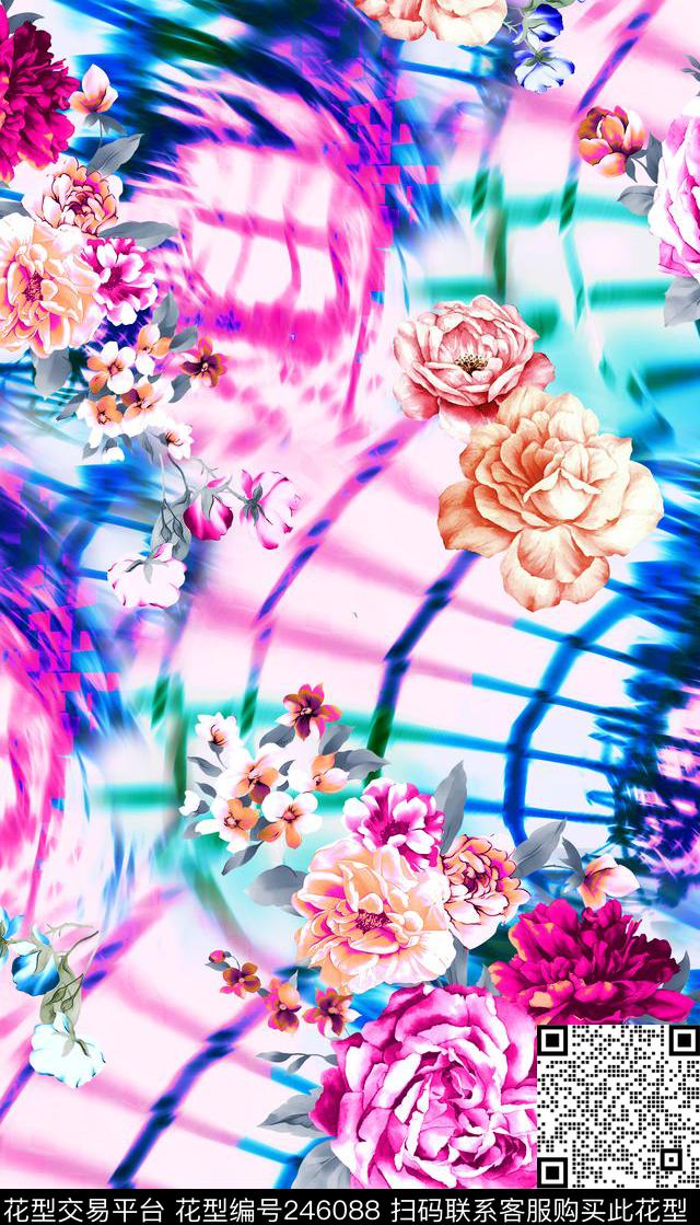 网格花卉花朵鲜花服装数码花卉数码印花华亿平台下载（图片编号: 246088） - 瓦栏（Walan）