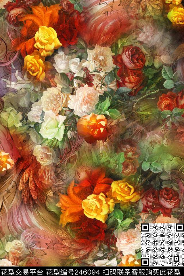 服装数码梦幻朦胧花卉花朵鲜花红色五角星花卉数码印花华亿平台下载（图片编号: 246094） - 瓦栏（Walan）