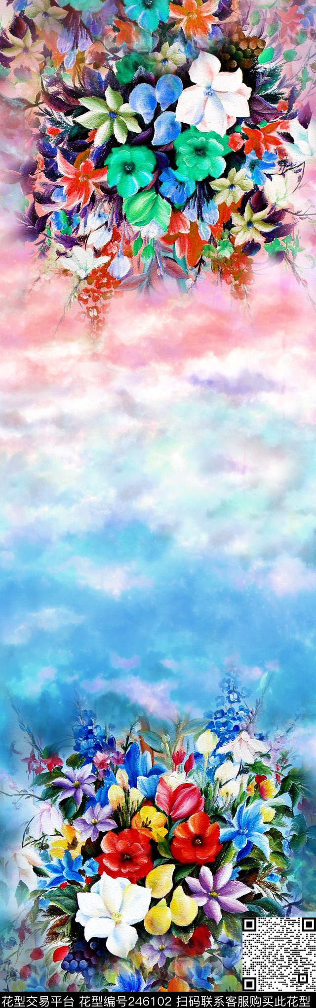 花卉长巾鲜花花朵红色蓝色丝巾数码印花华亿平台下载（图片编号: 246102） - 瓦栏（Walan）