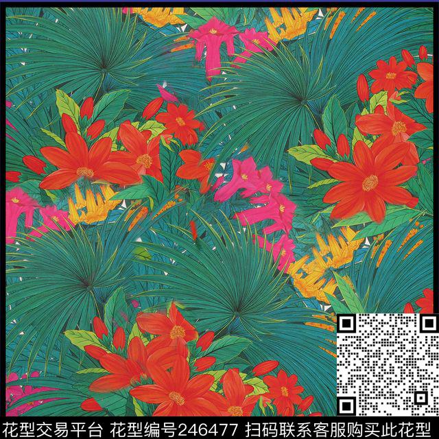 花卉方巾花朵蓝色数码印花华亿平台下载（图片编号: 246477） - 瓦栏（Walan）