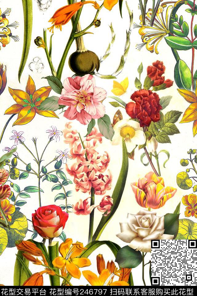 线条抽象五彩花卉花卉数码印花华亿平台下载（图片编号: 246797） - 瓦栏（Walan）