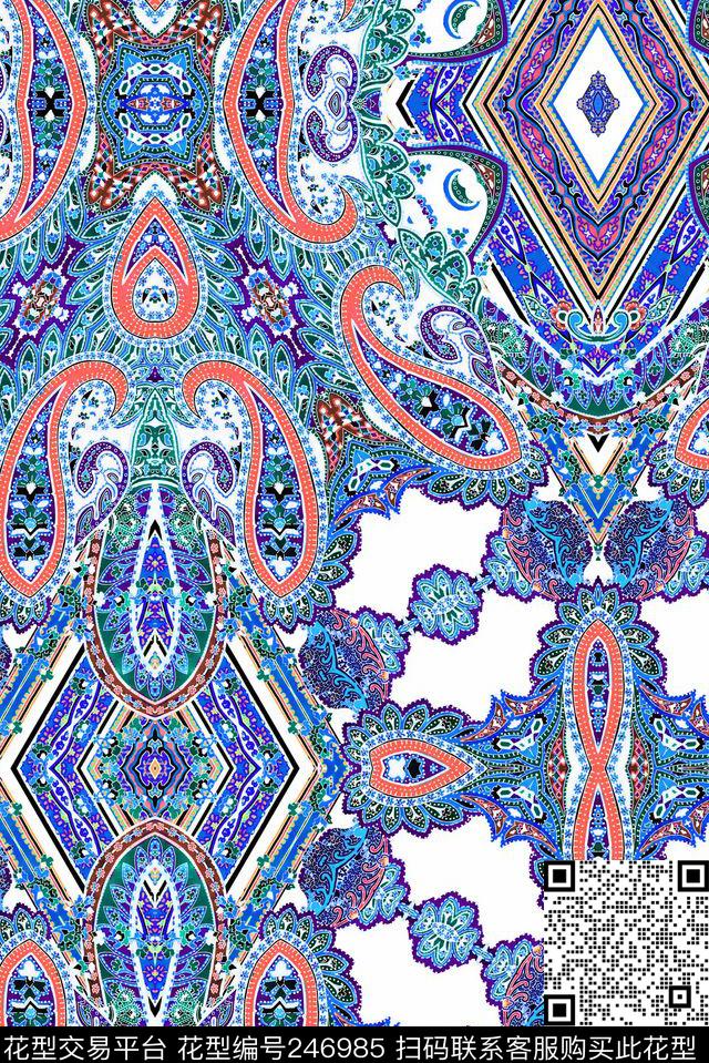 佩斯利腰果花民族风蓝色民族风佩斯利数码印花华亿平台下载（图片编号: 246985） - 瓦栏（Walan）