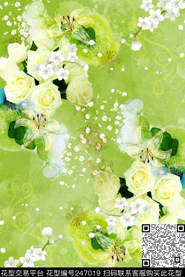 荷花三角形花卉数码印花华亿平台下载（图片编号: 247019） - 瓦栏（Walan）