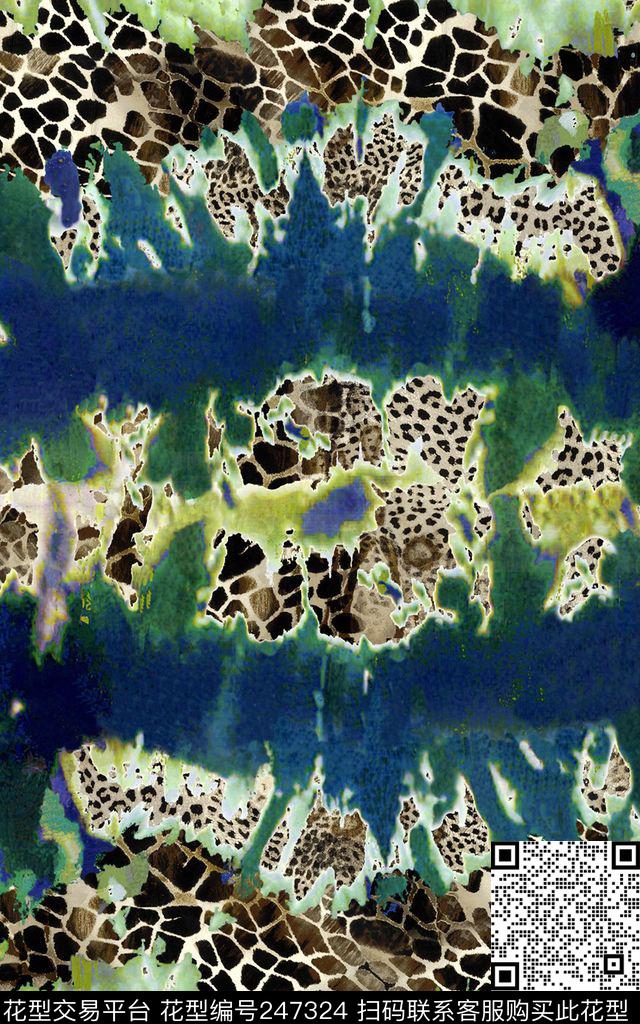 数码渲染动物纹豹纹蓝色拼贴数码印花华亿平台下载（图片编号: 247324） - 瓦栏（Walan）