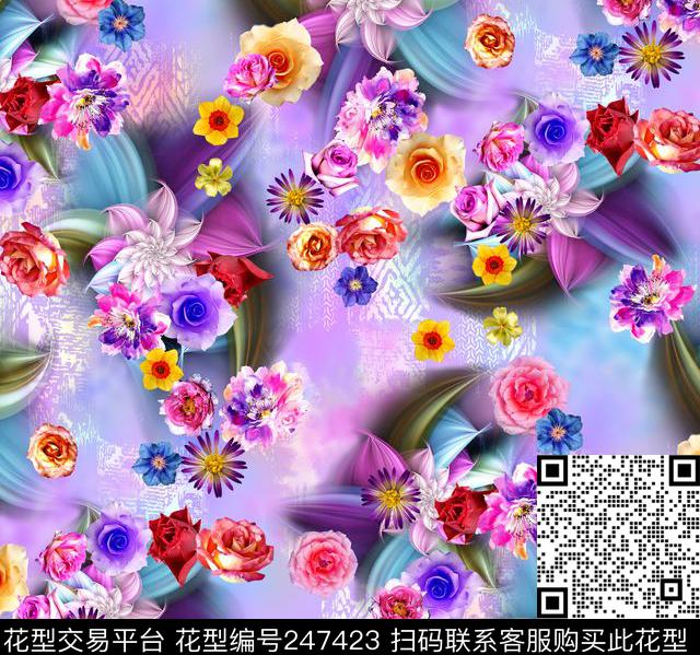 数码小花大花花朵清新玫红数码印花华亿平台下载（图片编号: 247423） - 瓦栏（Walan）