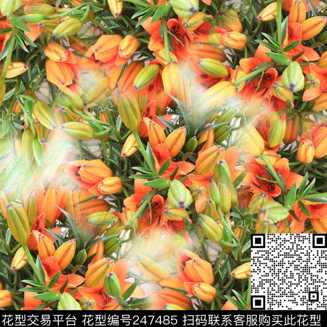 数码百合花朵鲜艳橘红服装裙子数码印花华亿平台下载（图片编号: 247485） - 瓦栏（Walan）
