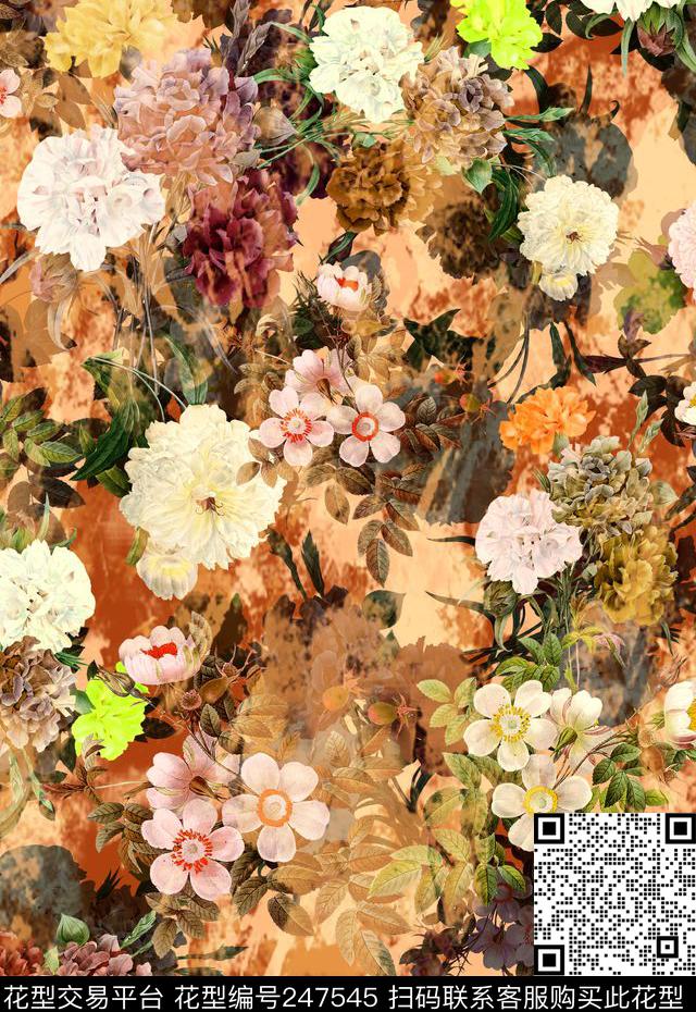 多彩花卉花朵组合满底黄色绿叶花卉数码印花华亿平台下载（图片编号: 247545） - 瓦栏（Walan）