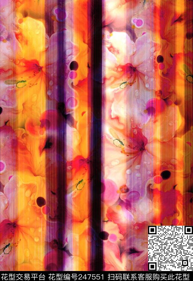 竖条纹花卉花朵鲜花家纺服装橙色花卉数码印花华亿平台下载（图片编号: 247551） - 瓦栏（Walan）