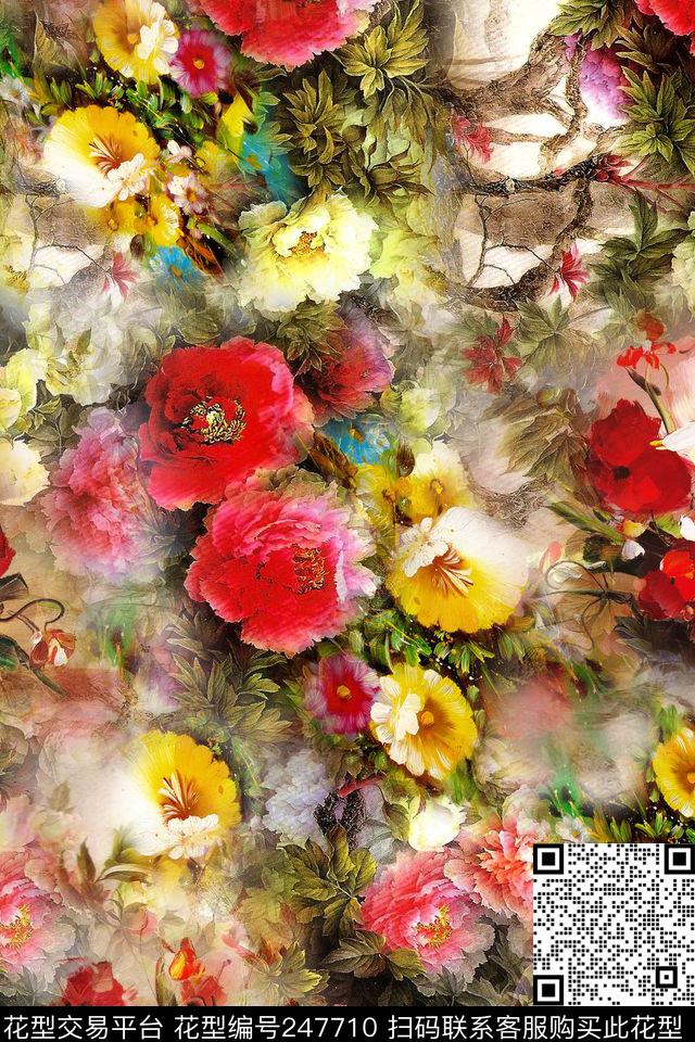 花卉花朵红色黄色服装鲜艳数码印花华亿平台下载（图片编号: 247710） - 瓦栏（Walan）