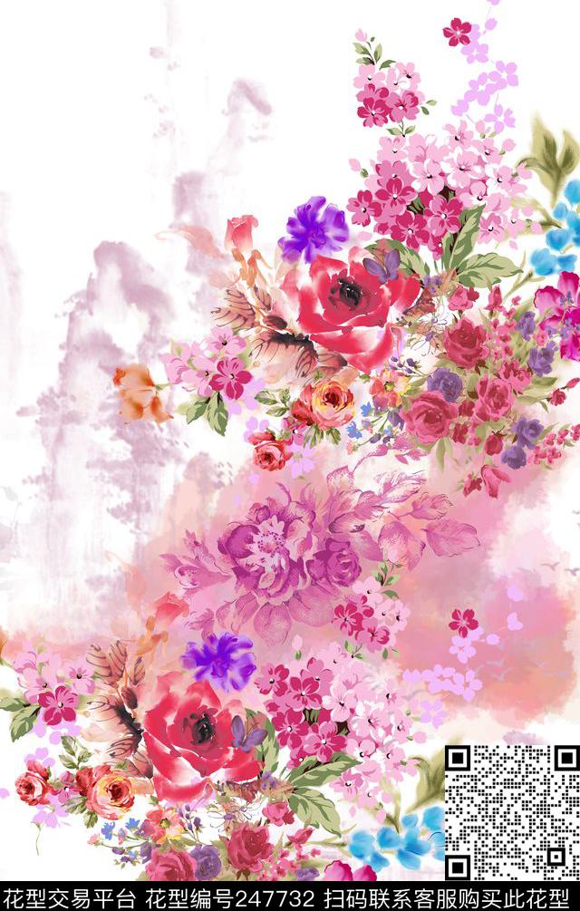 水墨风多彩花卉花朵山峰数码印花华亿平台下载（图片编号: 247732） - 瓦栏（Walan）