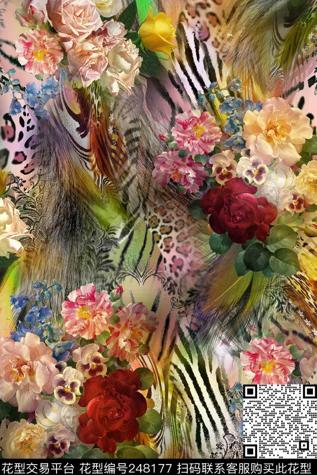 条纹抽象手绘花卉花朵油画朦胧七彩花卉动物纹数码印花华亿平台下载（图片编号: 248177） - 瓦栏（Walan）