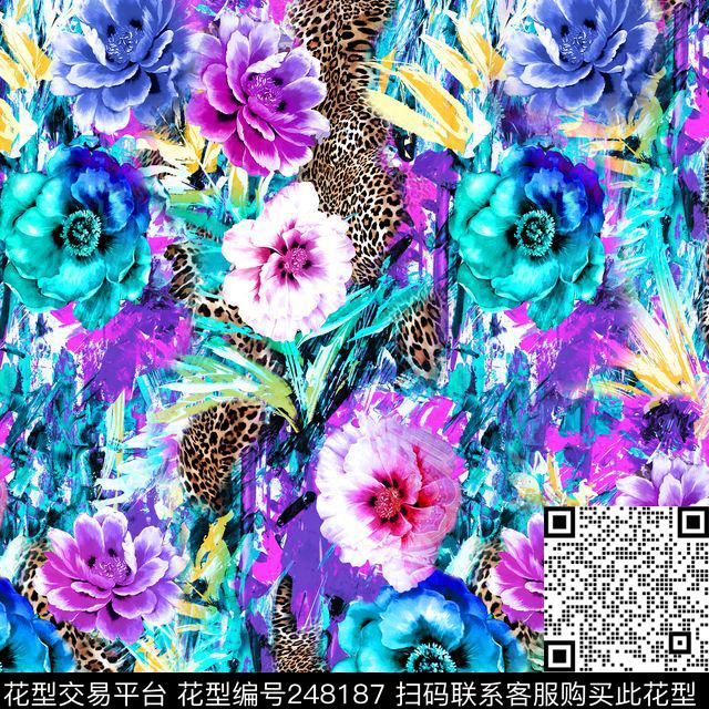 数码豹纹大花花卉花朵拼贴动物纹服装数码印花华亿平台下载（图片编号: 248187） - 瓦栏（Walan）