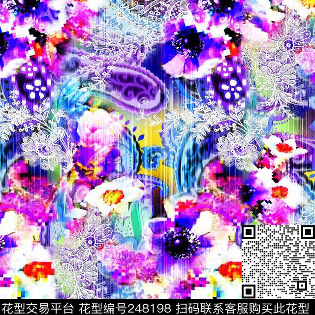 数码蕾丝琵琶花朵鲜花腰果花佩斯利数码印花华亿平台下载（图片编号: 248198） - 瓦栏（Walan）