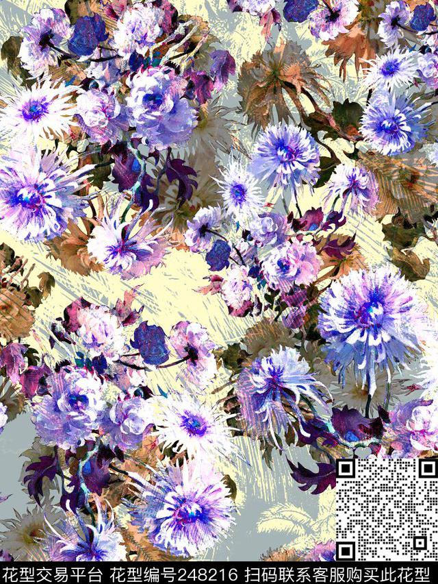 油画效果花卉花朵鲜花紫色唯美花卉数码印花华亿平台下载（图片编号: 248216） - 瓦栏（Walan）