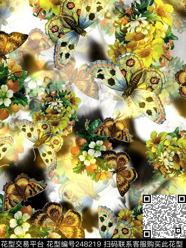 蝴蝶花卉花朵组合花束白色花卉花卉组合数码印花华亿平台下载（图片编号: 248219） - 瓦栏（Walan）