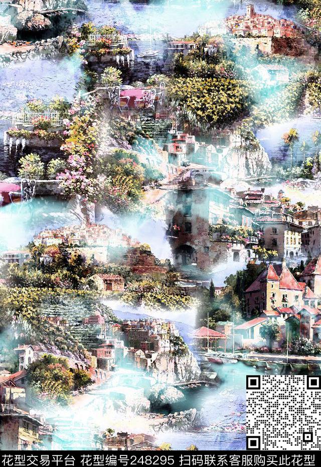油画风景建筑烟雾缭绕仙境房屋风景数码印花华亿平台下载（图片编号: 248295） - 瓦栏（Walan）
