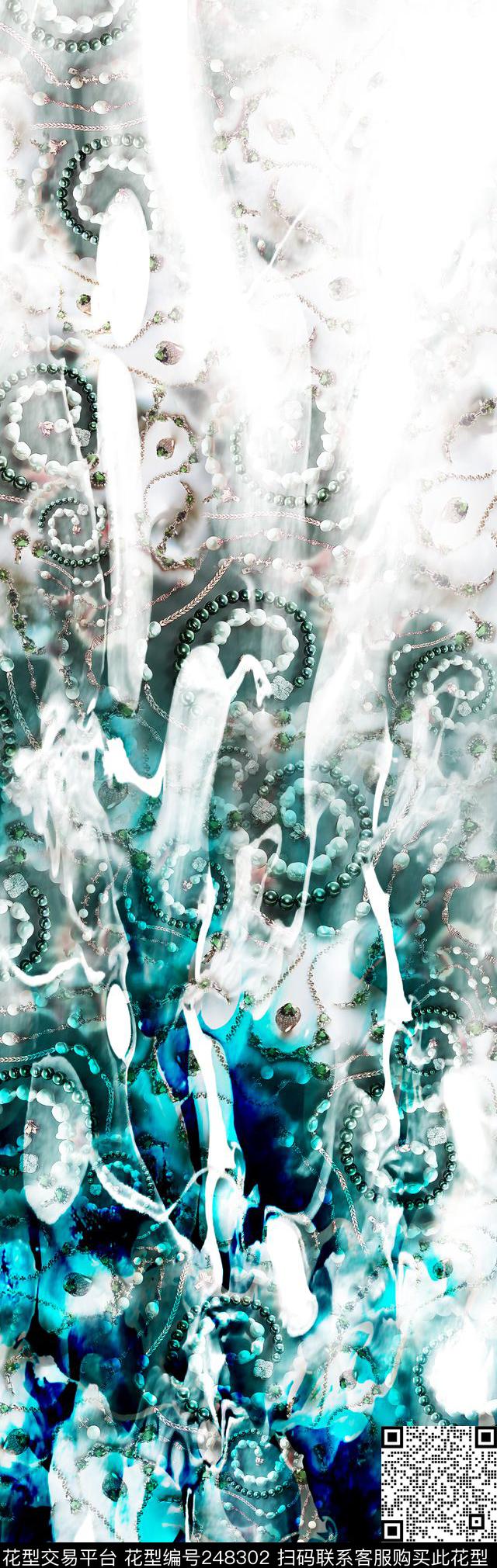 单边定位抽象水墨珠宝蓝色长巾服装水彩定位数码印花华亿平台下载（图片编号: 248302） - 瓦栏（Walan）