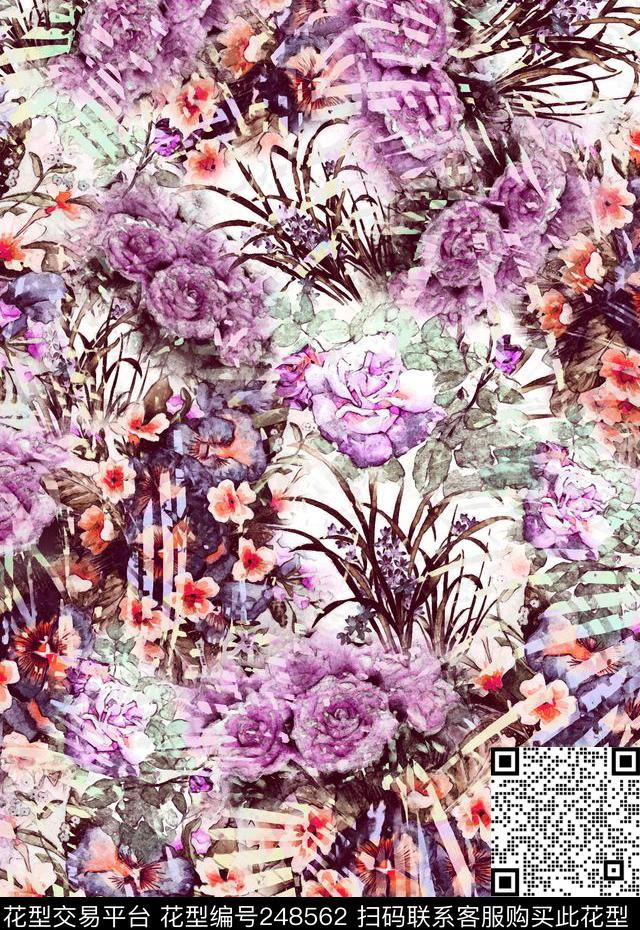 水彩花卉花朵复古立体数码服装花卉数码印花华亿平台下载（图片编号: 248562） - 瓦栏（Walan）