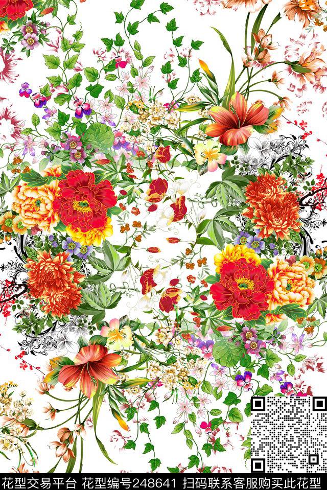 花卉花朵小花大花白色服装数码印花华亿平台下载（图片编号: 248641） - 瓦栏（Walan）