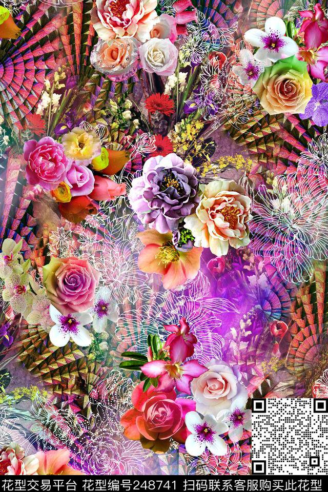 数码炫彩底纹镂空大花朵花卉彩色拼贴几何数码印花华亿平台下载（图片编号: 248741） - 瓦栏（Walan）
