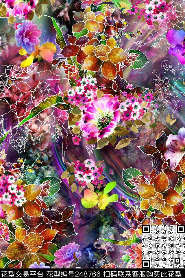 数码炫彩镂空线条大花油画花朵花卉数码印花华亿平台下载（图片编号: 248766） - 瓦栏（Walan）