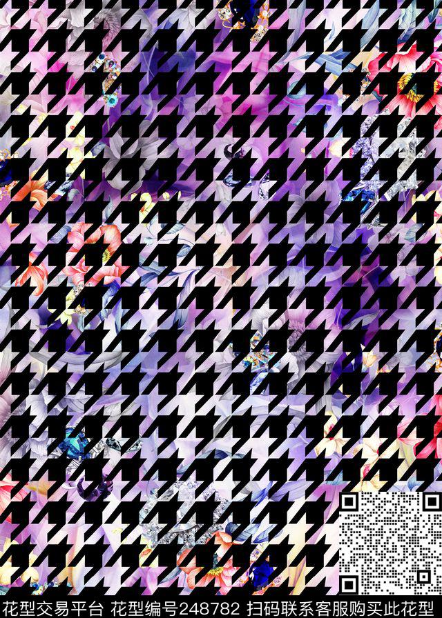 时尚大牌花卉千鸟格叠加适合女装夹克外套等数码印花华亿平台下载（图片编号: 248782） - 瓦栏（Walan）