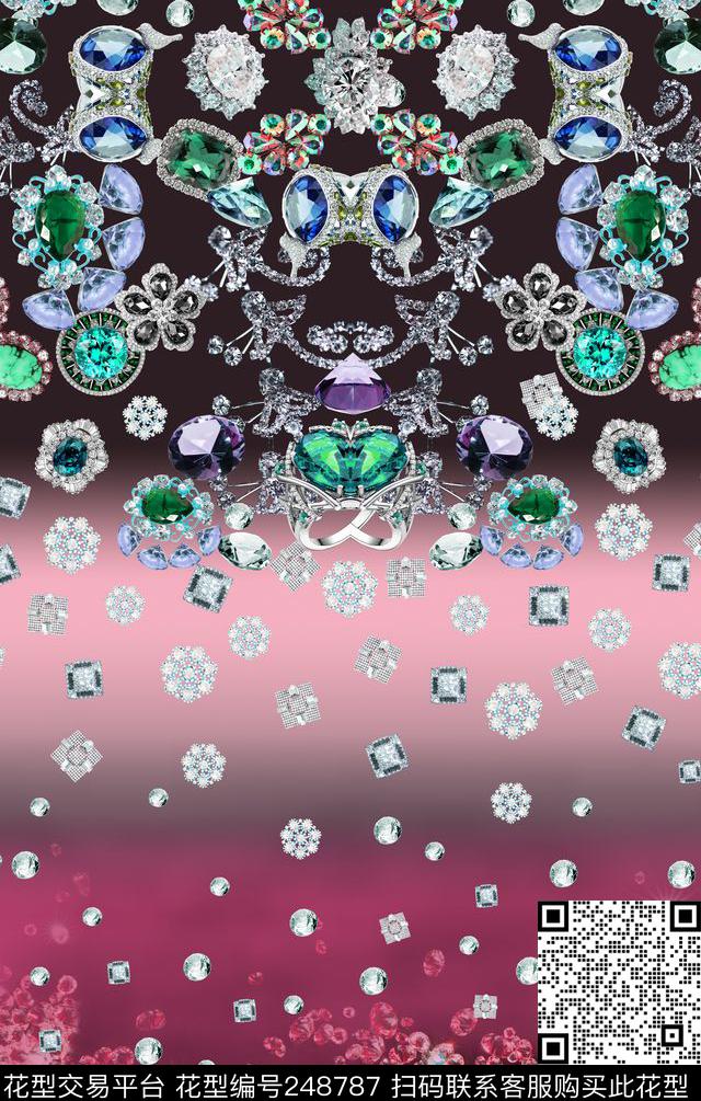 时尚珠宝宝石定位镜像对称渐变璀璨适合女装T恤、外套等数码印花华亿平台下载（图片编号: 248787） - 瓦栏（Walan）
