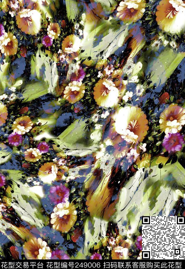 多彩油画花卉花朵组合纹路花卉数码印花华亿平台下载（图片编号: 249006） - 瓦栏（Walan）