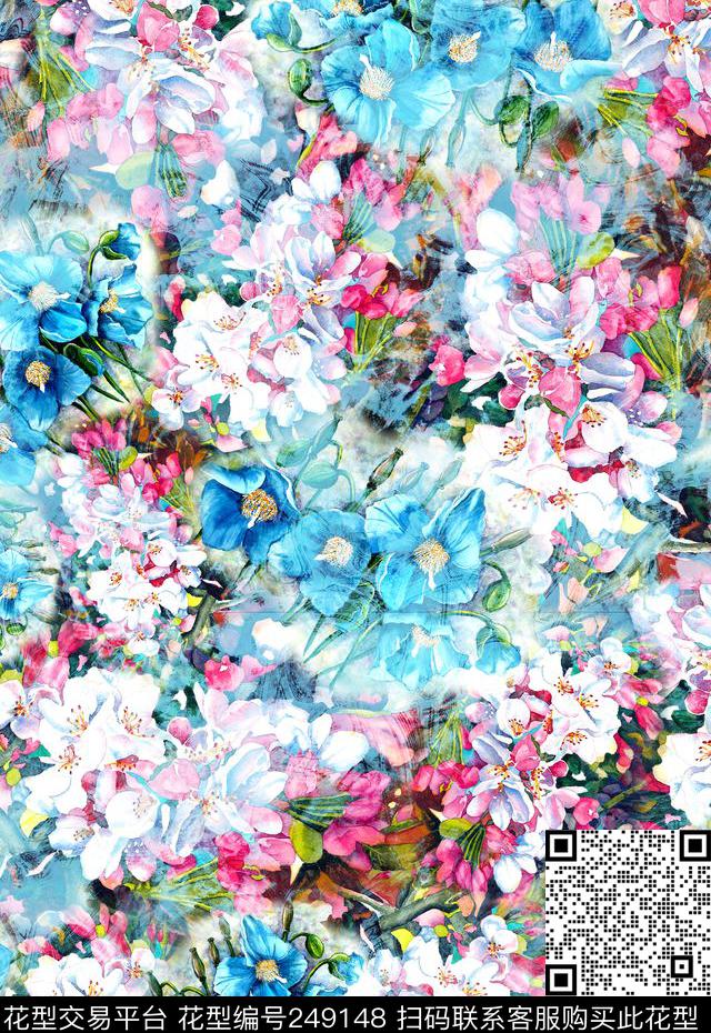 水彩花卉花朵组合清新蓝色分色花卉水彩数码印花华亿平台下载（图片编号: 249148） - 瓦栏（Walan）