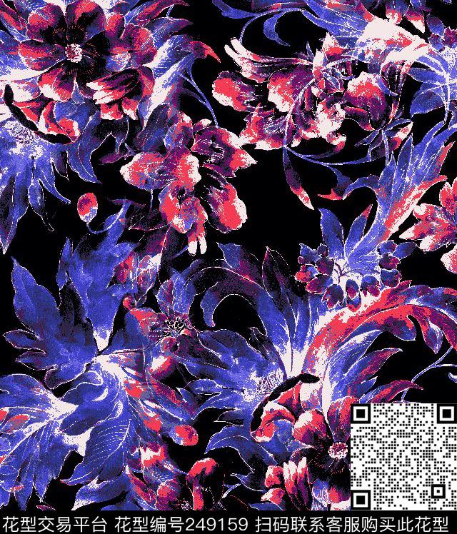 神秘冬季花卉花朵紫色黑底花卉休闲数码印花华亿平台下载（图片编号: 249159） - 瓦栏（Walan）