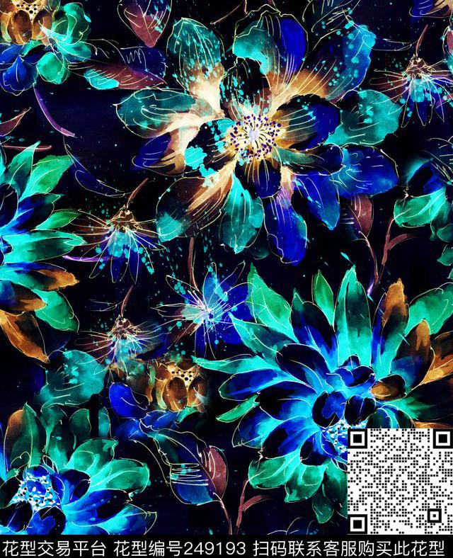 黑底花卉菊花数码印花华亿平台下载（图片编号: 249193） - 瓦栏（Walan）