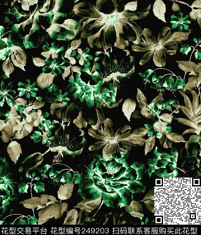 中国风彩色水墨点点高贵典雅绿色花卉休闲数码印花华亿平台下载（图片编号: 249203） - 瓦栏（Walan）