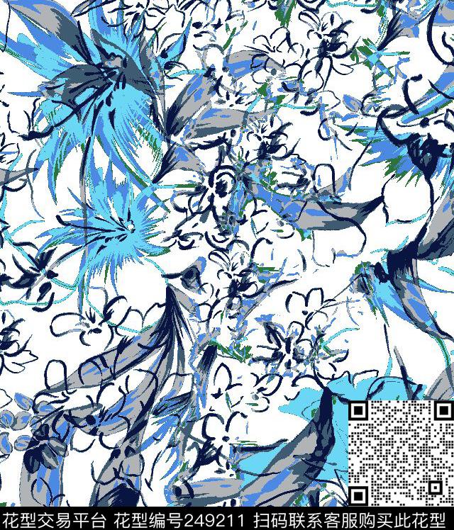 抽象花卉白底传统印花华亿平台下载（图片编号: 249211） - 瓦栏（Walan）