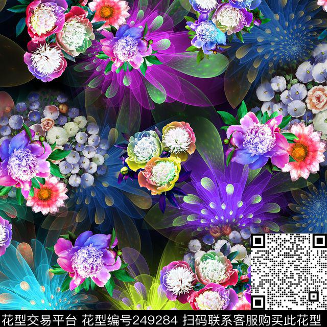 数码时尚流行炫彩大花花朵花卉太阳花底纹数码印花华亿平台下载（图片编号: 249284） - 瓦栏（Walan）