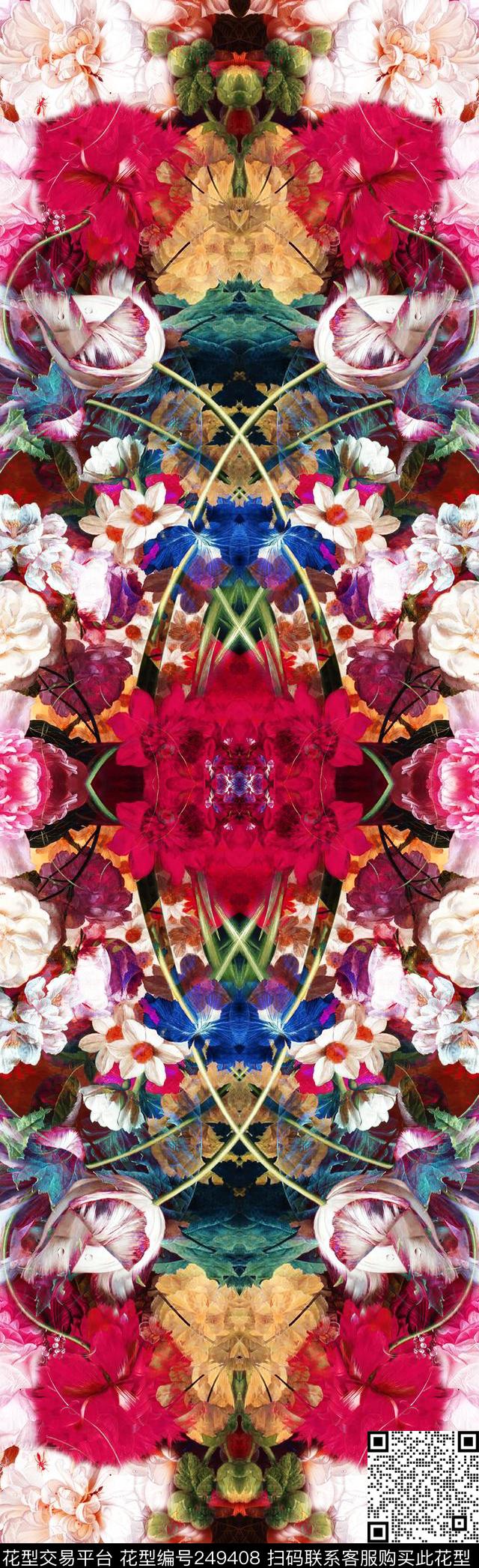 繁花花朵鲜花定位花长巾对称火红花卉花卉怀旧数码印花华亿平台下载（图片编号: 249408） - 瓦栏（Walan）