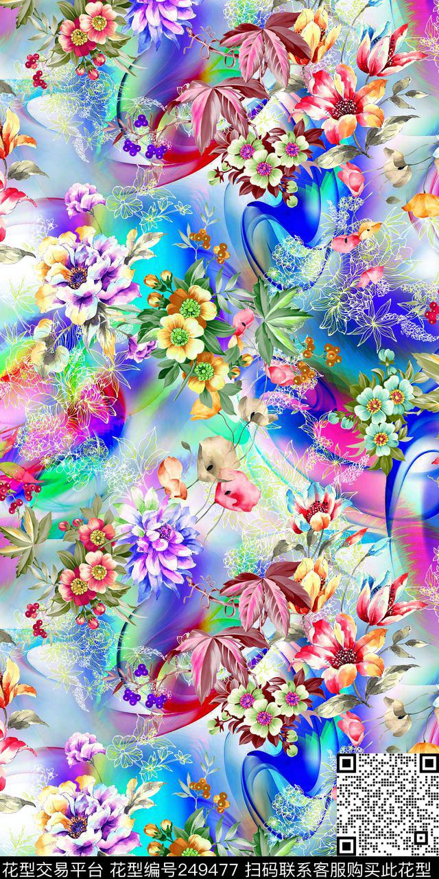 数码炫彩底纹手绘水彩大花线条花流行服装数码印花华亿平台下载（图片编号: 249477） - 瓦栏（Walan）