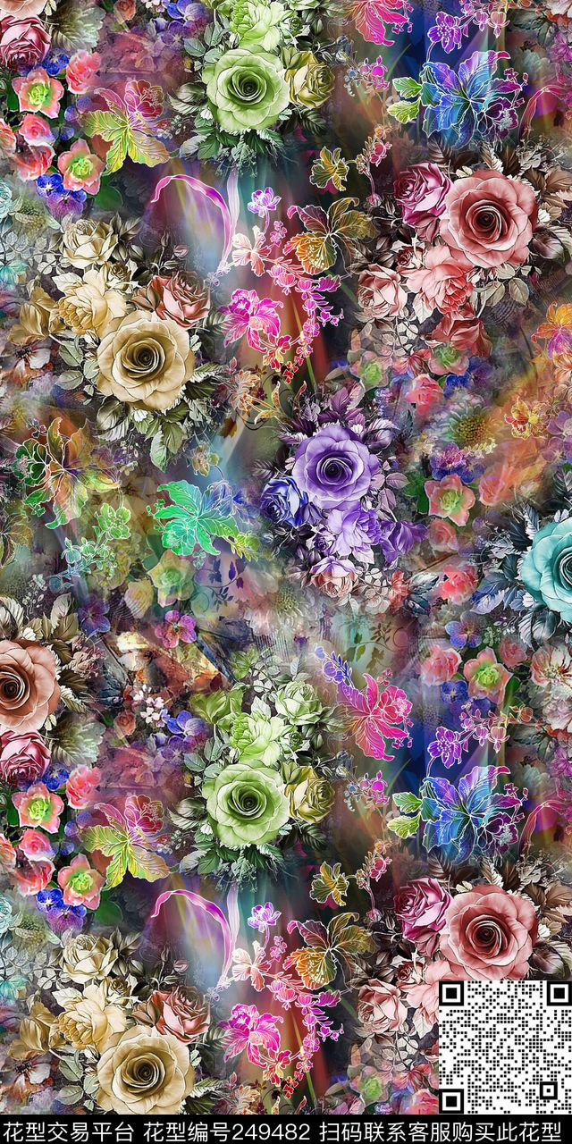 数码流行炫彩底纹时尚花朵线条花花卉数码印花华亿平台下载（图片编号: 249482） - 瓦栏（Walan）