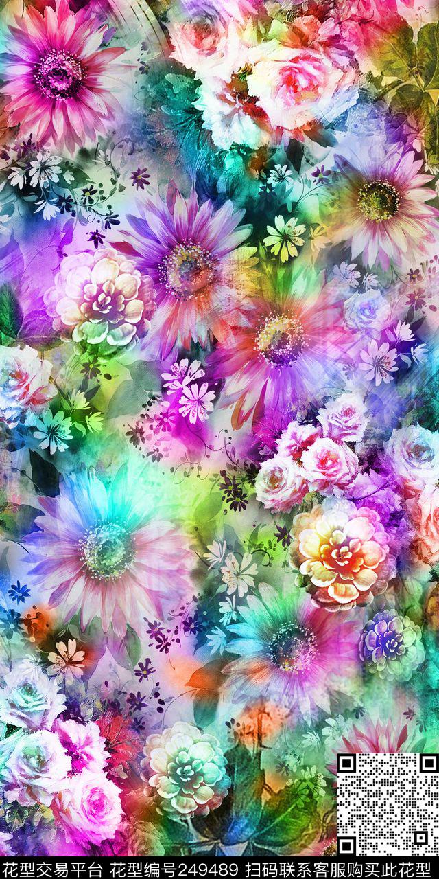 数码时尚流行多彩大花牡丹太阳花数码印花华亿平台下载（图片编号: 249489） - 瓦栏（Walan）
