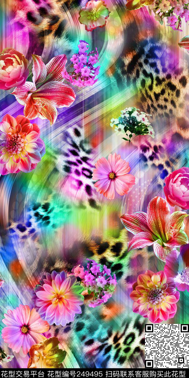 数码服装花卉花朵炫彩豹纹底纹百合花数码印花华亿平台下载（图片编号: 249495） - 瓦栏（Walan）