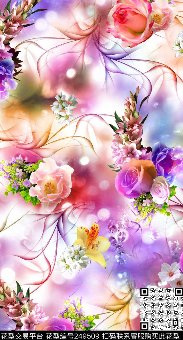 数码服装花卉花朵多彩底纹灵动线条花束数码印花华亿平台下载（图片编号: 249509） - 瓦栏（Walan）