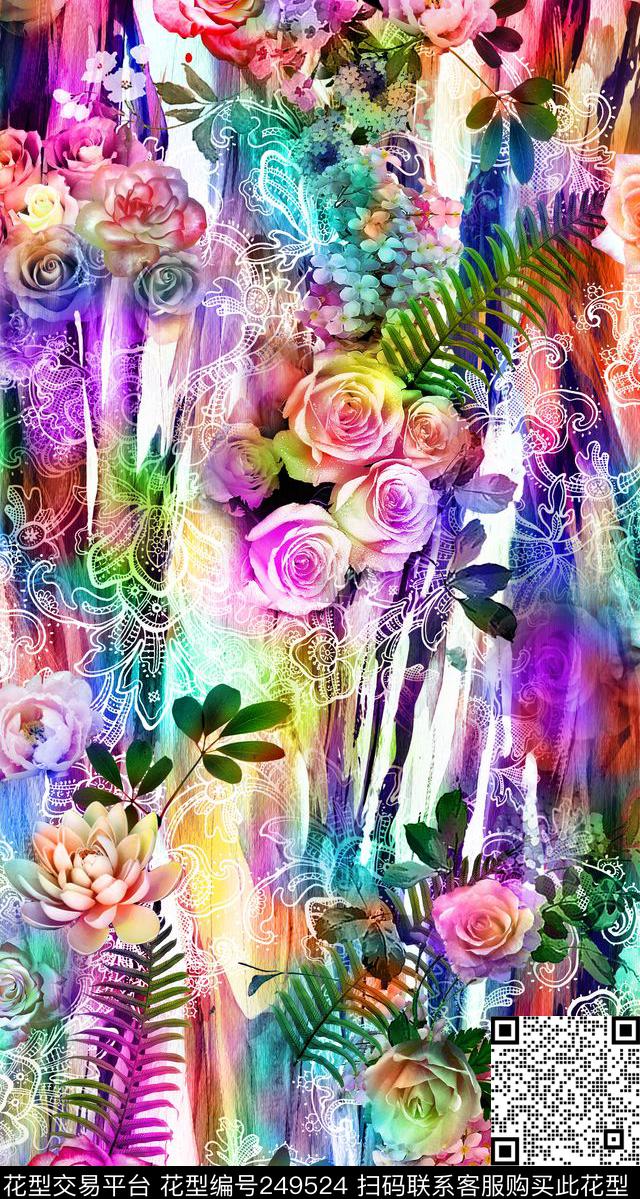 数码服装花卉线条花卉牡丹花绿叶数码印花华亿平台下载（图片编号: 249524） - 瓦栏（Walan）