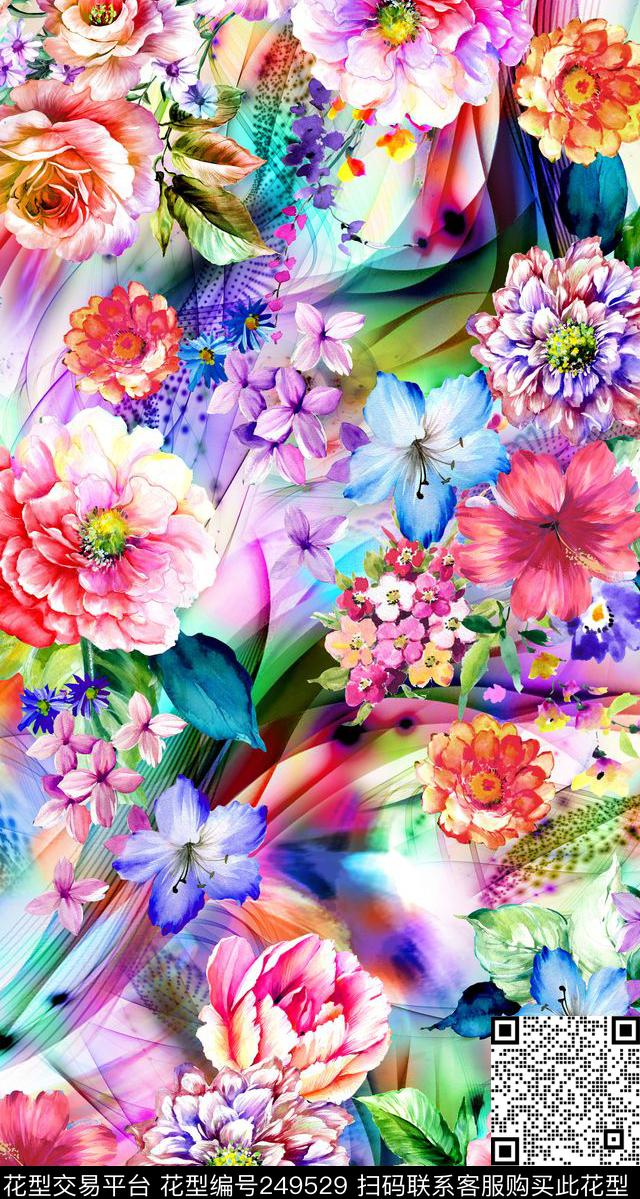 数码炫彩长绿叶底纹大花朵小花丛数码印花华亿平台下载（图片编号: 249529） - 瓦栏（Walan）