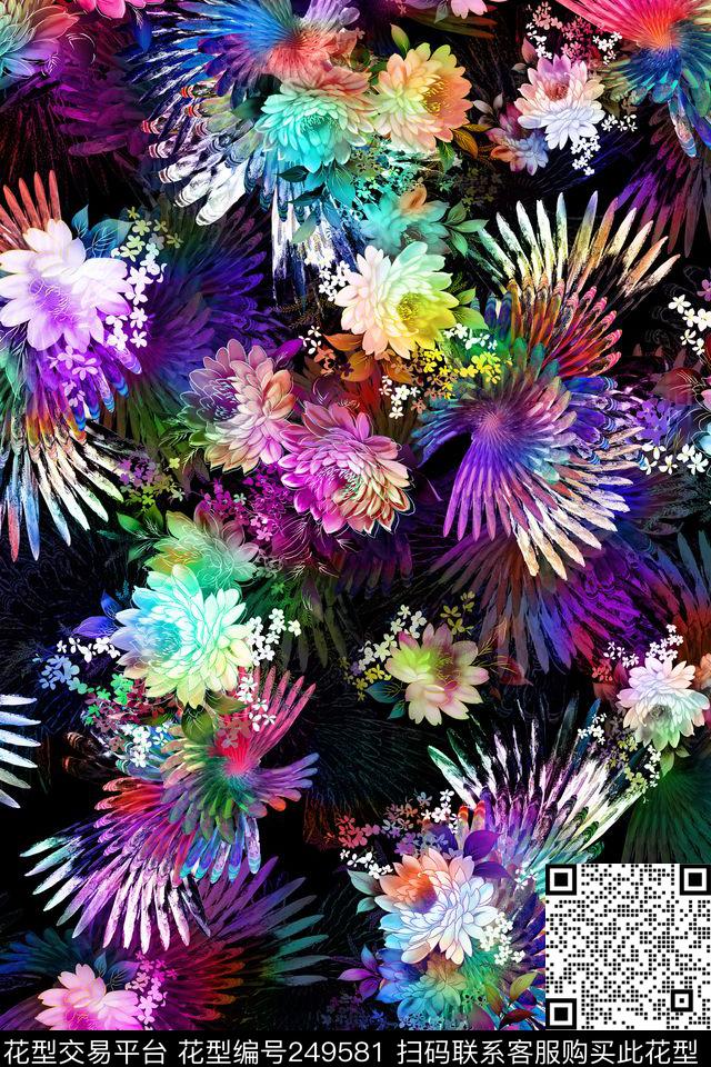 数码服装花卉多彩羽毛底纹线条大花朵彩色数码印花华亿平台下载（图片编号: 249581） - 瓦栏（Walan）
