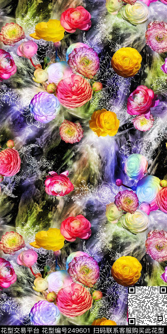 数码服装花卉花朵多彩底纹线条数码印花华亿平台下载（图片编号: 249601） - 瓦栏（Walan）