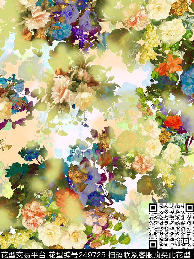 多彩花卉花朵组合服装清新绿色花卉水彩数码印花华亿平台下载（图片编号: 249725） - 瓦栏（Walan）