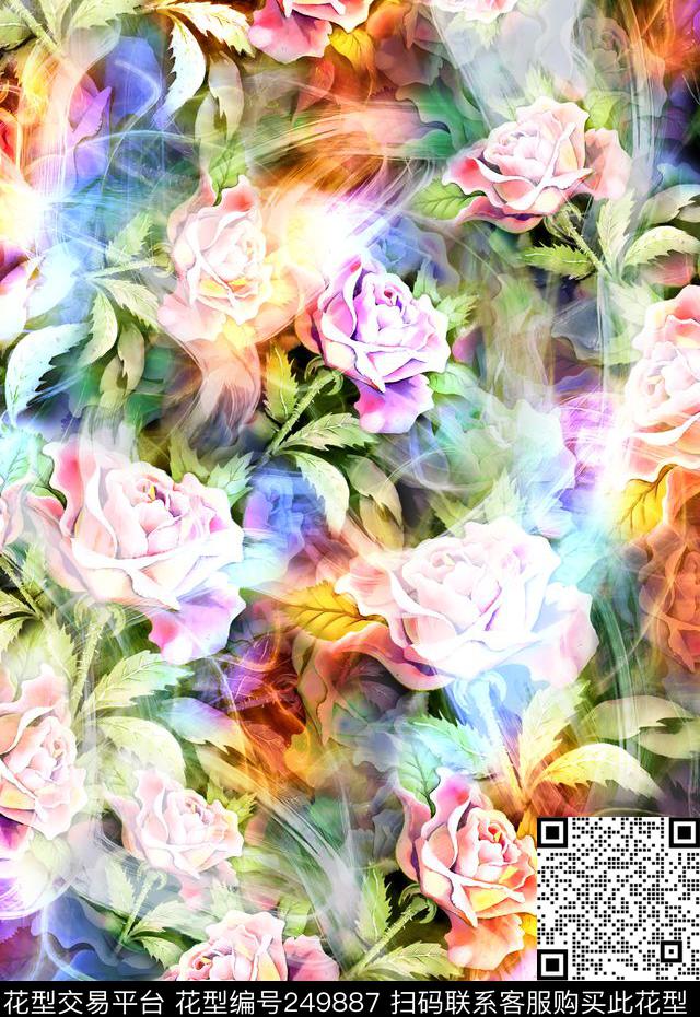 轻盈光感花卉玫瑰月季动感花卉数码印花华亿平台下载（图片编号: 249887） - 瓦栏（Walan）
