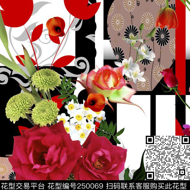 几何花卉蒙德里安写实花卉数码印花华亿平台下载（图片编号: 250069） - 瓦栏（Walan）