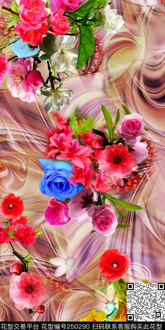 迷幻底纹花卉写实花朵数码印花华亿平台下载（图片编号: 250290） - 瓦栏（Walan）